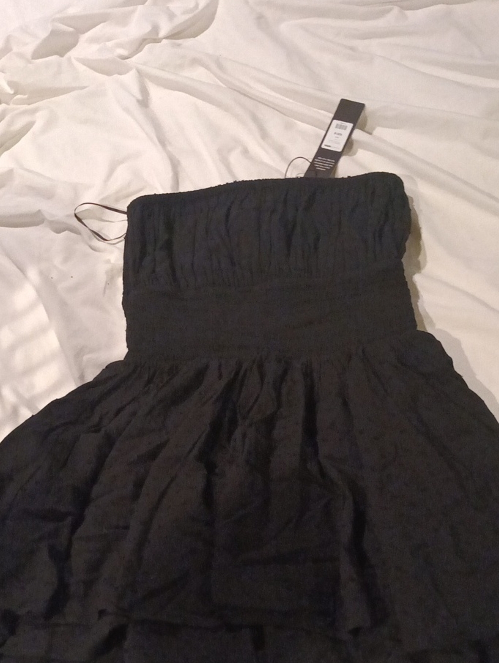 Black Strapless Smocked Waist Dress -